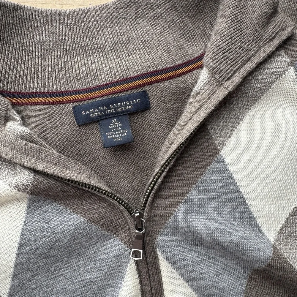 Banana Republic Sweater Mens XL Brown Argyle Full Zip Merino Wool‎ Pullover